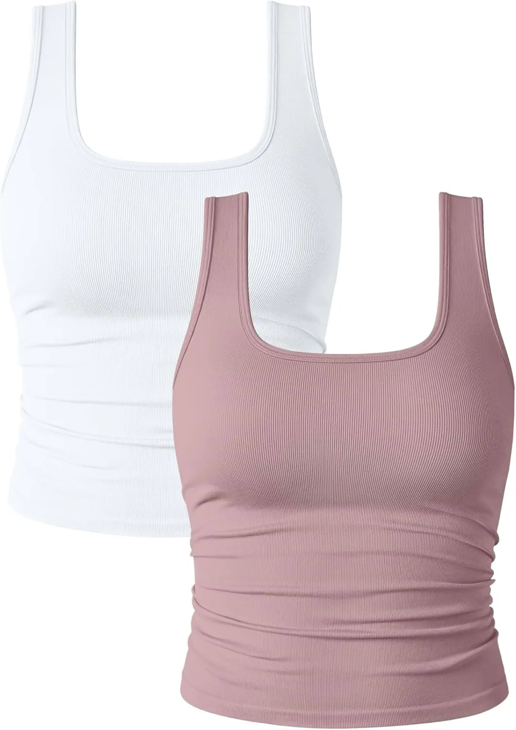 OQQ Womens 2 Piece Shirts Ruched Sleeveless Square Neck Seamless Stretch Fit Basic Tee Tops