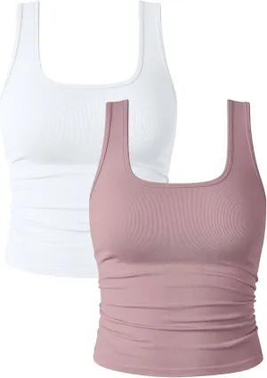 OQQ Womens 2 Piece Shirts Ruched Sleeveless Square Neck Seamless Stretch Fit Basic Tee Tops