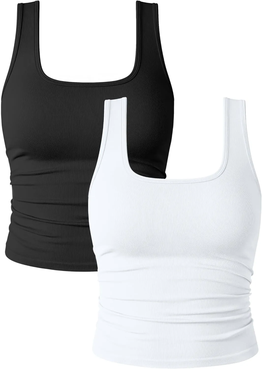 OQQ Womens 2 Piece Shirts Ruched Sleeveless Square Neck Seamless Stretch Fit Basic Tee Tops