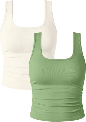 OQQ Womens 2 Piece Shirts Ruched Sleeveless Square Neck Seamless Stretch Fit Basic Tee Tops