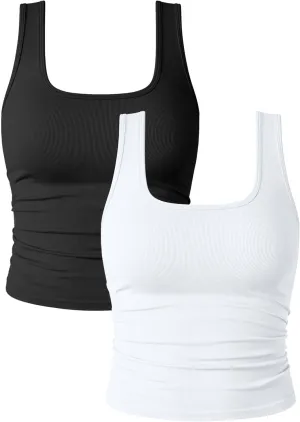 OQQ Womens 2 Piece Shirts Ruched Sleeveless Square Neck Seamless Stretch Fit Basic Tee Tops
