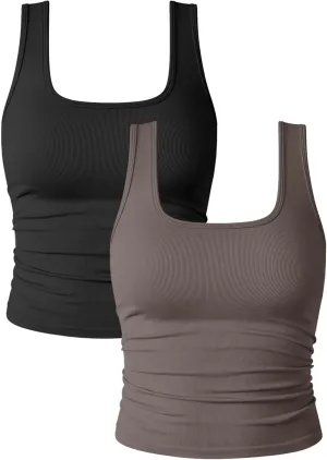 OQQ Womens 2 Piece Shirts Ruched Sleeveless Square Neck Seamless Stretch Fit Basic Tee Tops