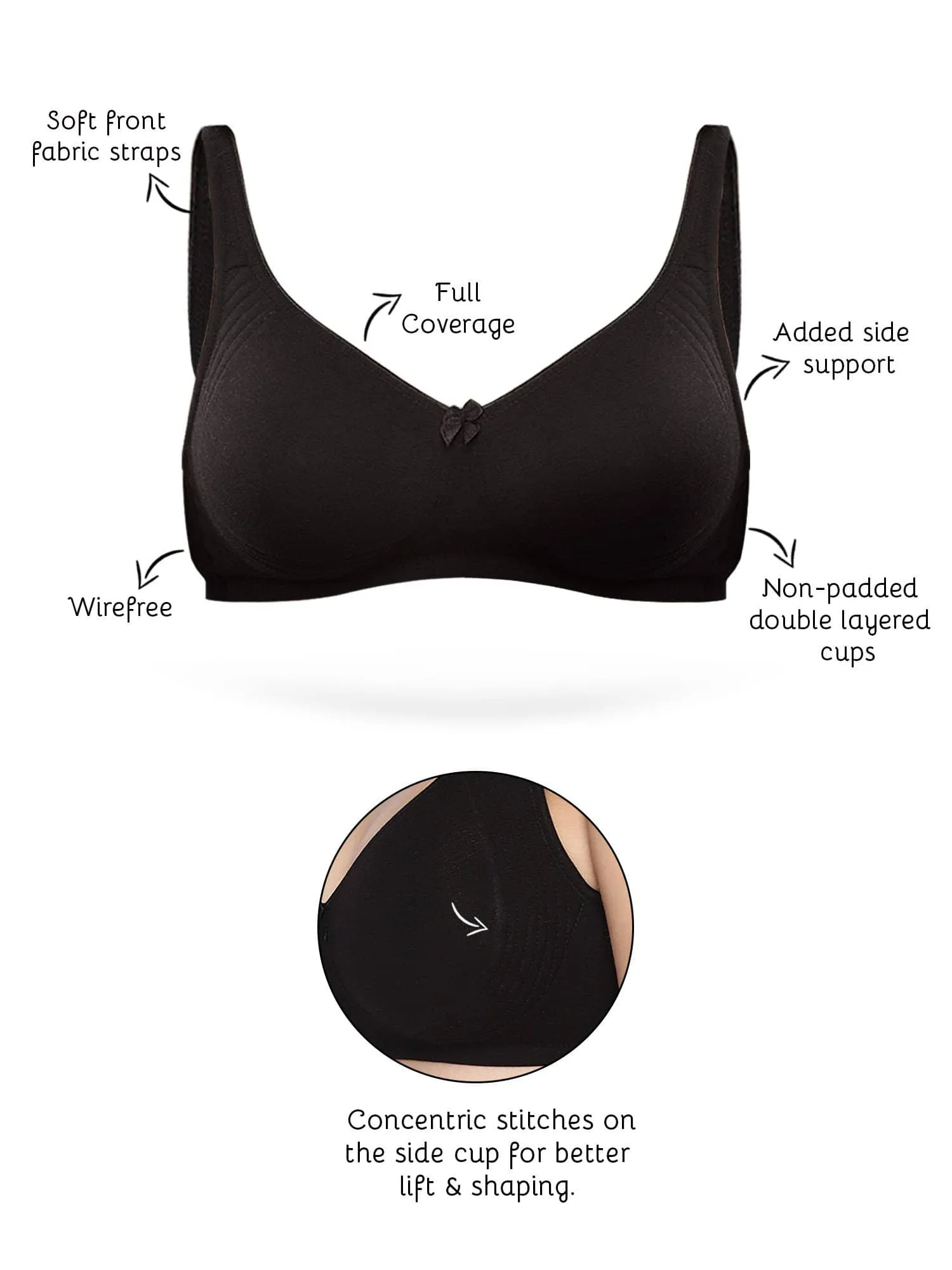 Organic Cotton  Antimicrobial  Seamless Side Support Bra (Pack of 3)-ISB057-Black_Black_B.Pink-