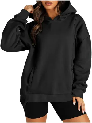 Oversized Hoodies for Women 2024 Classic Solid Loose Fit Tops Crewneck Slit Hem Pullover Fall Outfits with Pocket