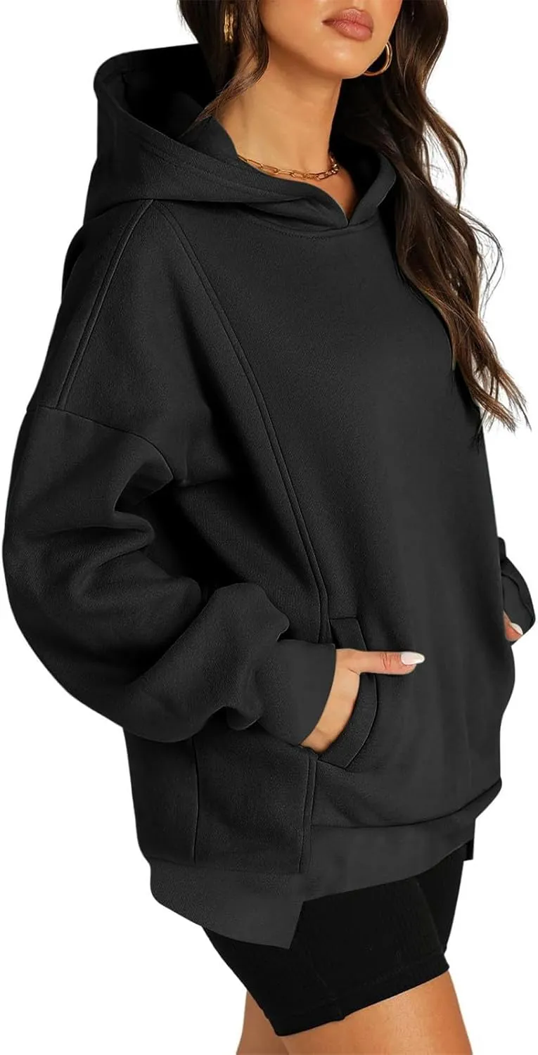 Oversized Hoodies for Women 2024 Classic Solid Loose Fit Tops Crewneck Slit Hem Pullover Fall Outfits with Pocket