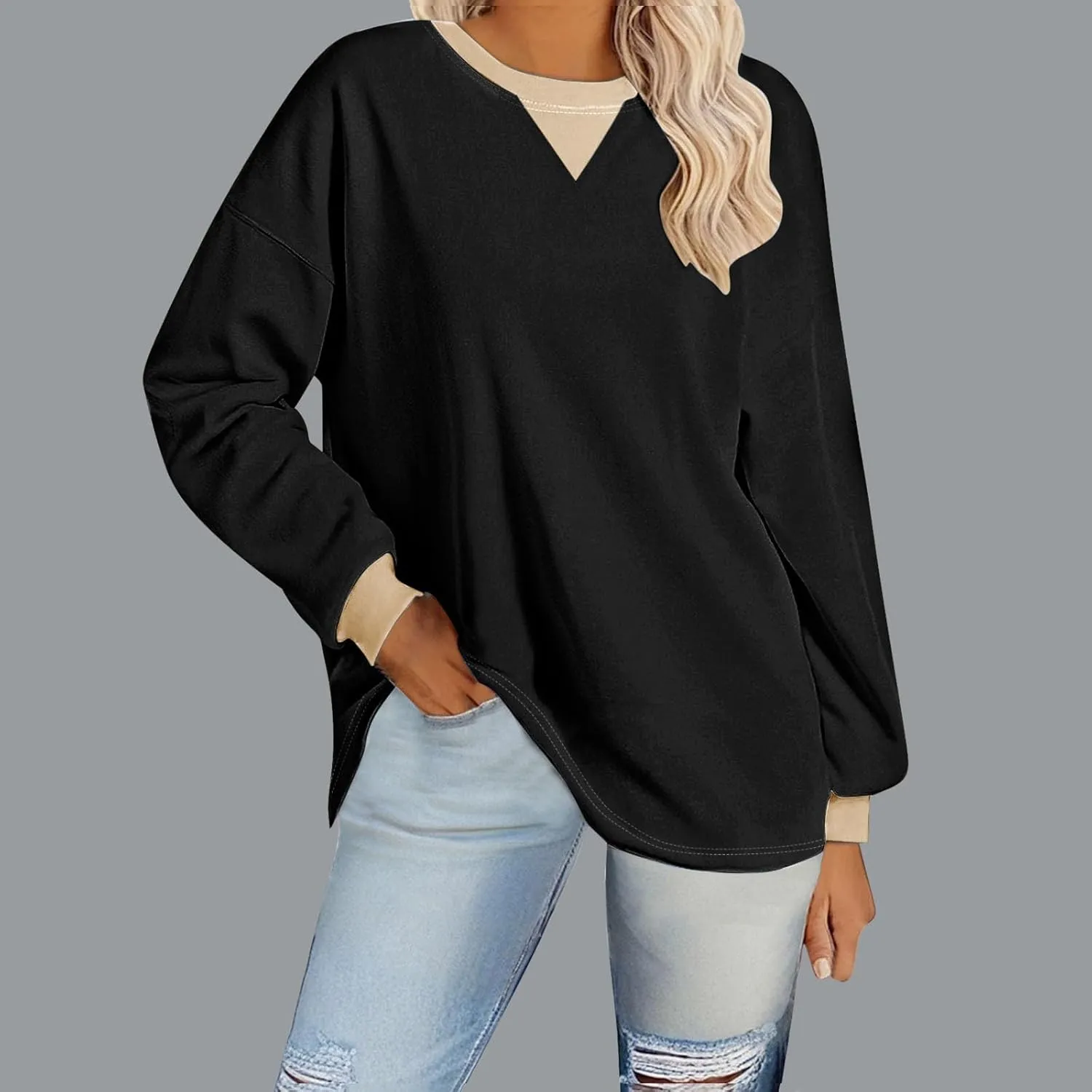 Oversized Sweatshirt for Women Dressy Casual Long Sleeve Hoodie Plain Crew Neck Shirts Fall Teens Preppy Clothes
