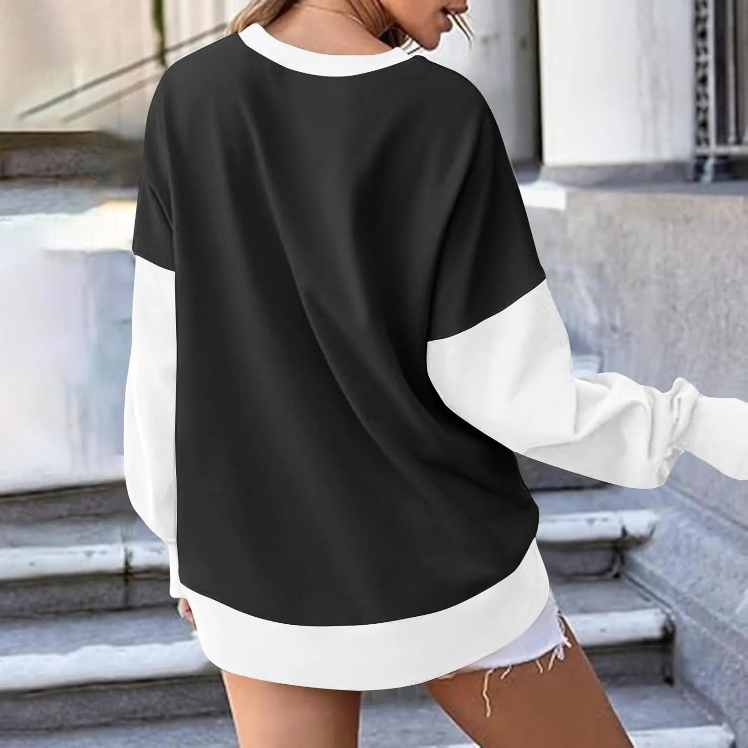 Oversized Sweatshirt for Women Fall Crewneck Splicing Color Tops Long Sleeve Fashion Soft Pullover Sweaters Clothes