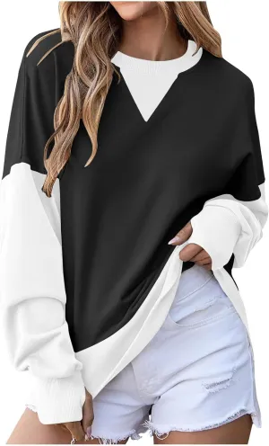 Oversized Sweatshirt for Women Fall Crewneck Splicing Color Tops Long Sleeve Fashion Soft Pullover Sweaters Clothes