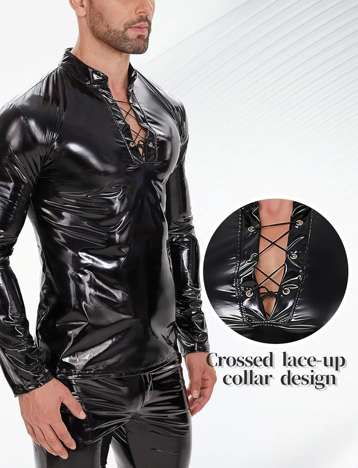 Panegy Men's Liquid Shiny Leather Shirt Jacket Slim Fit Wetlook Party Nightout Club 70s/80s Disco Blouse Tshirt