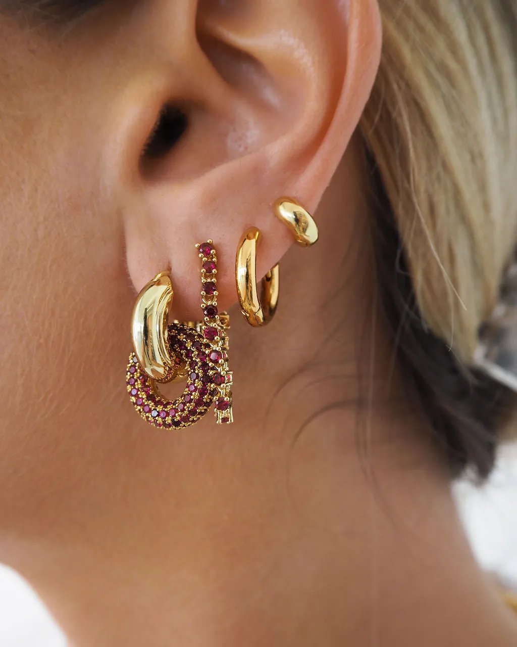Pave Interlock Hoops- Ruby Red- Gold