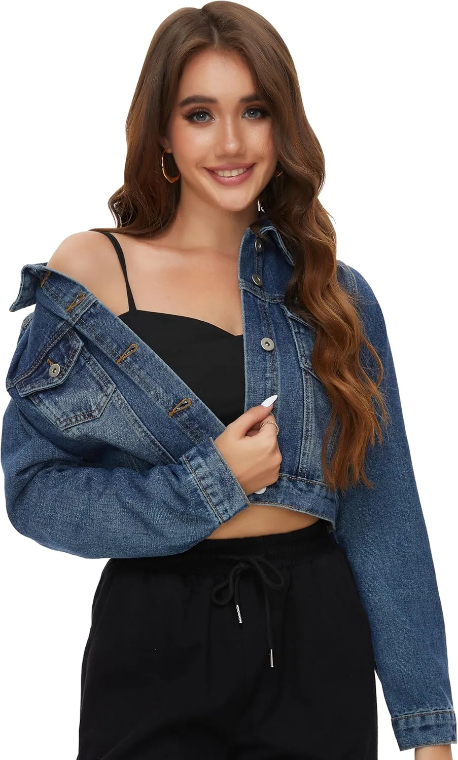 PEIQI Womens Cropped Jean Denim Jacket Button Down Long Sleeve with Pockets