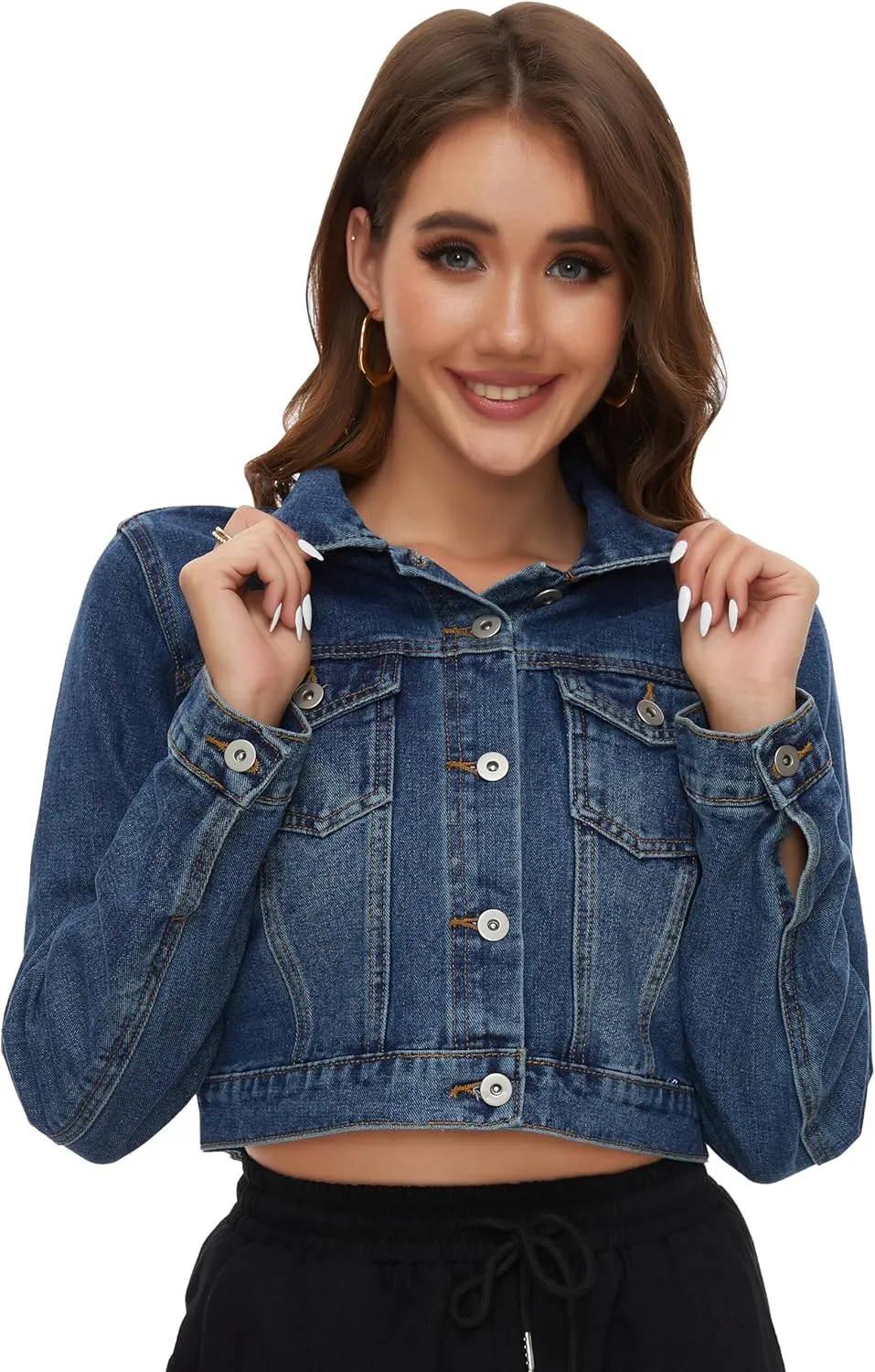 PEIQI Womens Cropped Jean Denim Jacket Button Down Long Sleeve with Pockets