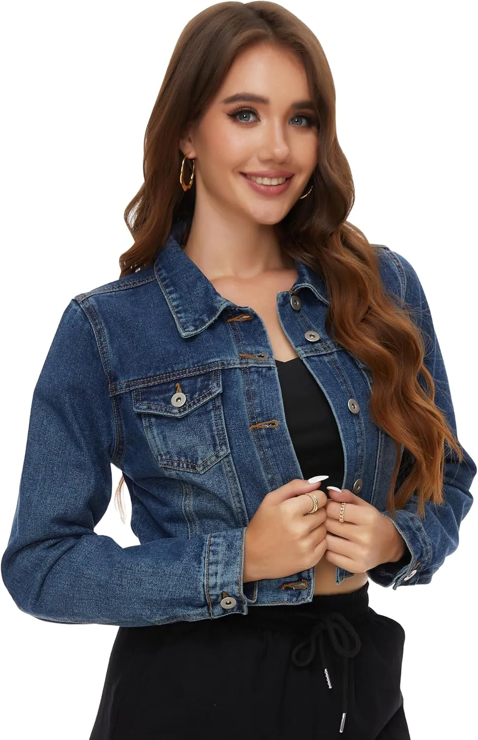 PEIQI Womens Cropped Jean Denim Jacket Button Down Long Sleeve with Pockets