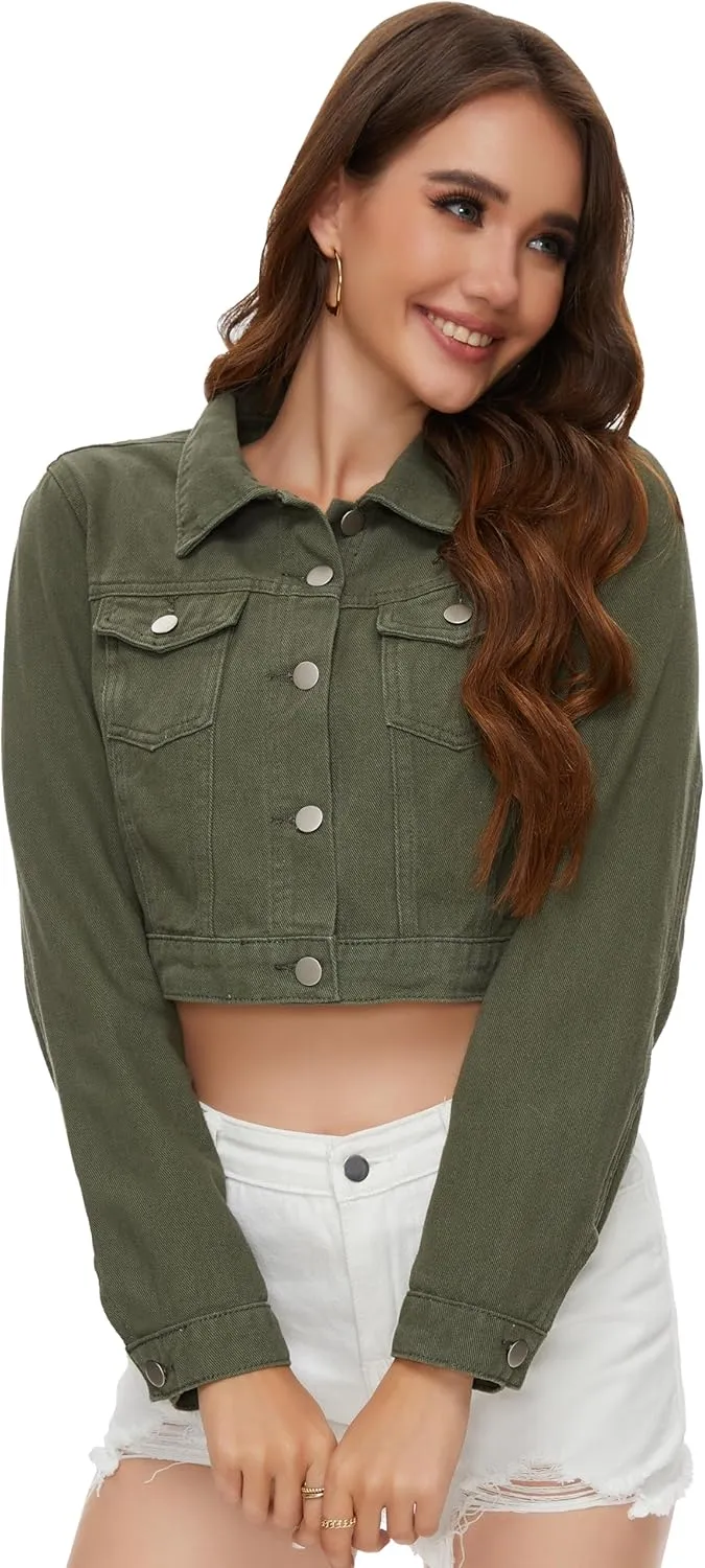 PEIQI Womens Cropped Jean Denim Jacket Button Down Long Sleeve with Pockets