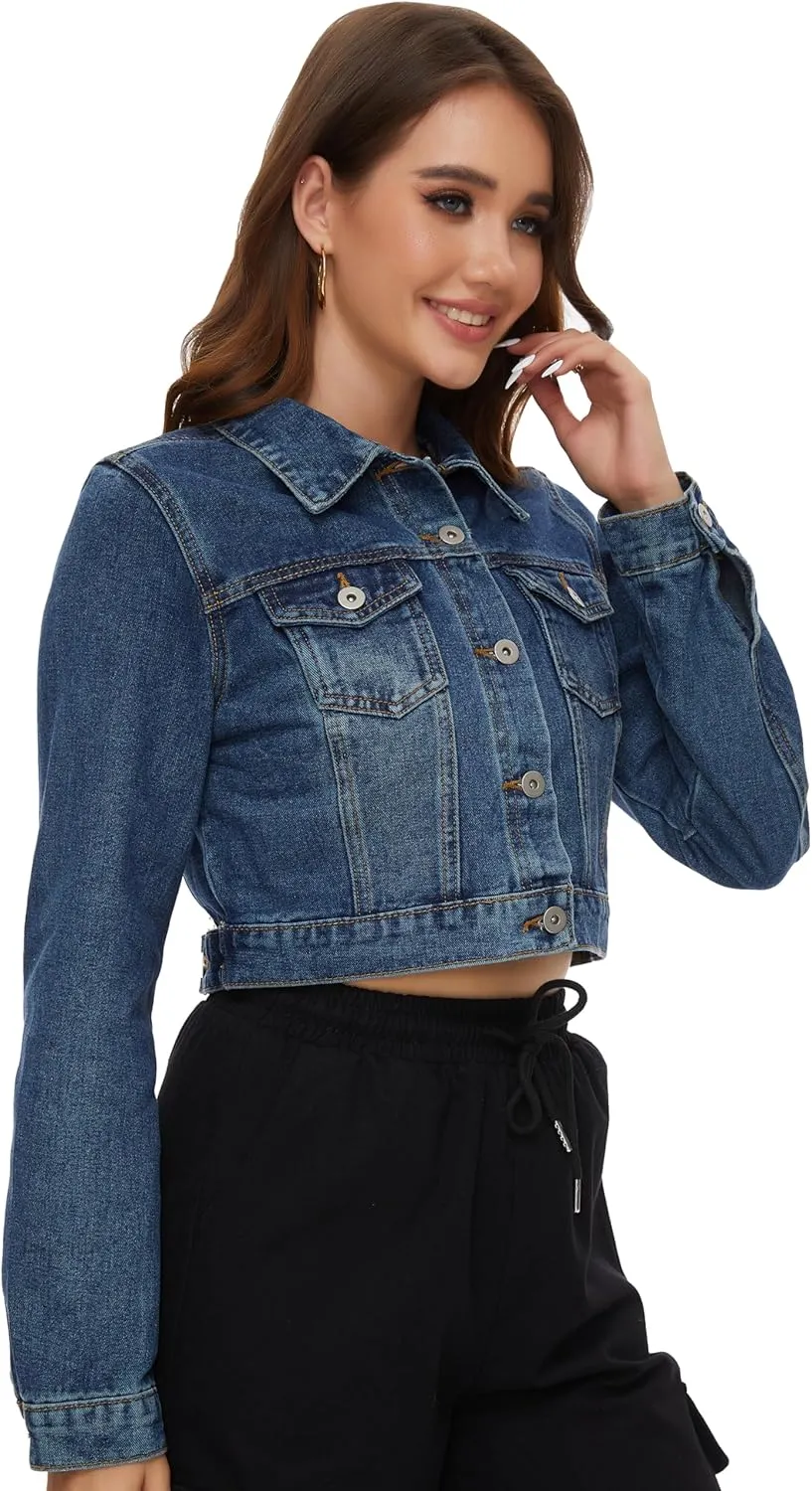 PEIQI Womens Cropped Jean Denim Jacket Button Down Long Sleeve with Pockets