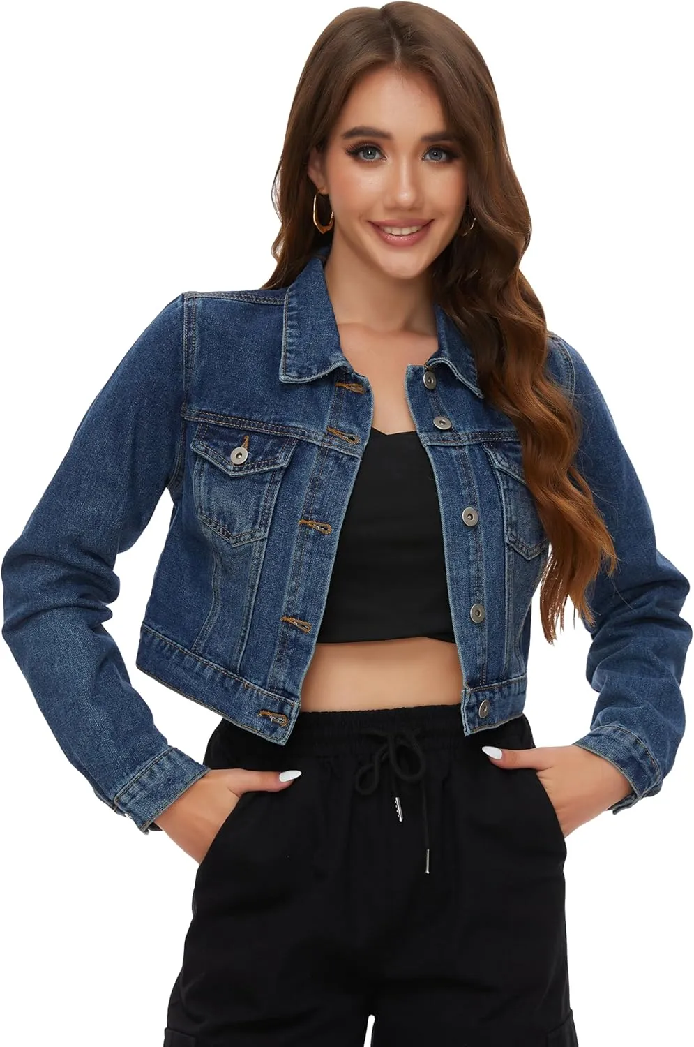 PEIQI Womens Cropped Jean Denim Jacket Button Down Long Sleeve with Pockets
