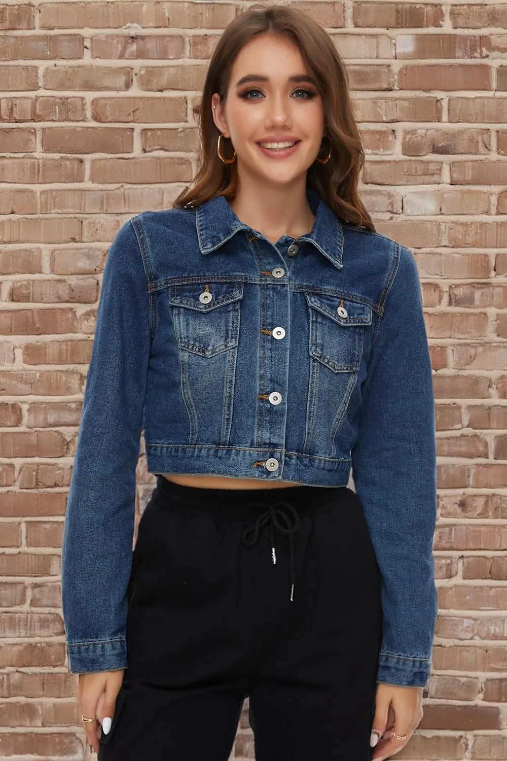 PEIQI Womens Cropped Jean Denim Jacket Button Down Long Sleeve with Pockets