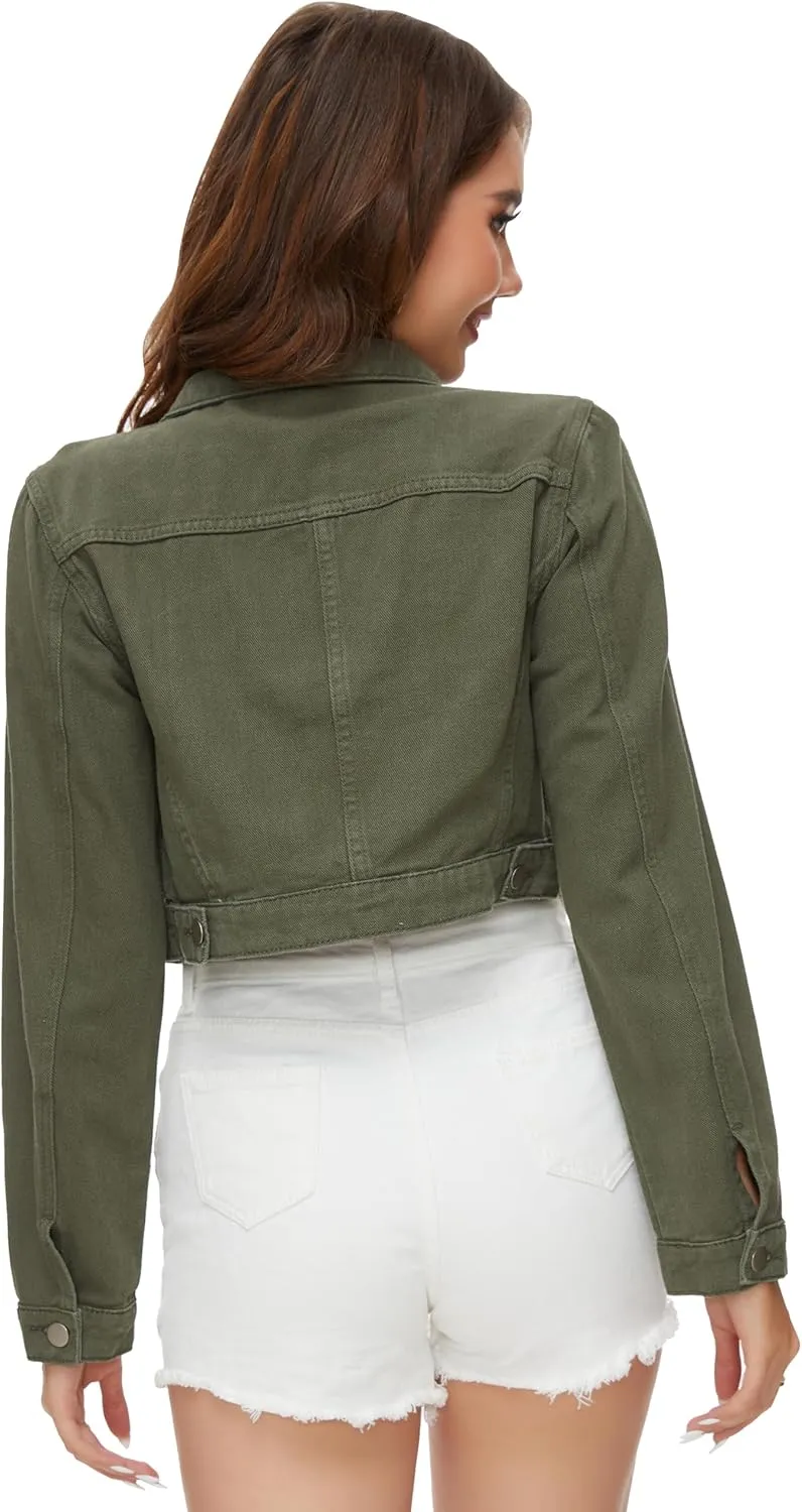 PEIQI Womens Cropped Jean Denim Jacket Button Down Long Sleeve with Pockets