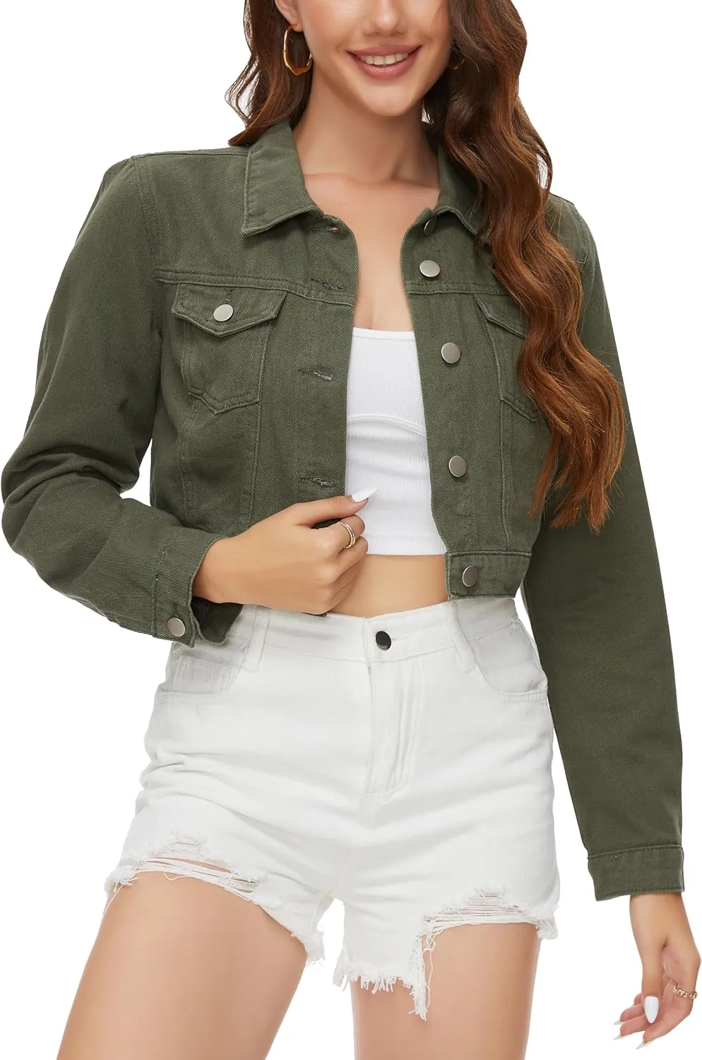 PEIQI Womens Cropped Jean Denim Jacket Button Down Long Sleeve with Pockets