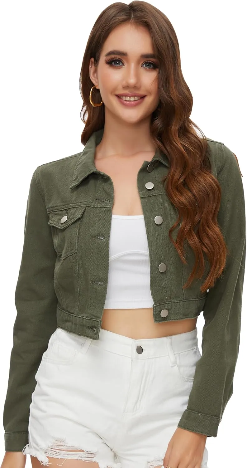PEIQI Womens Cropped Jean Denim Jacket Button Down Long Sleeve with Pockets