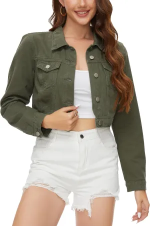 PEIQI Womens Cropped Jean Denim Jacket Button Down Long Sleeve with Pockets