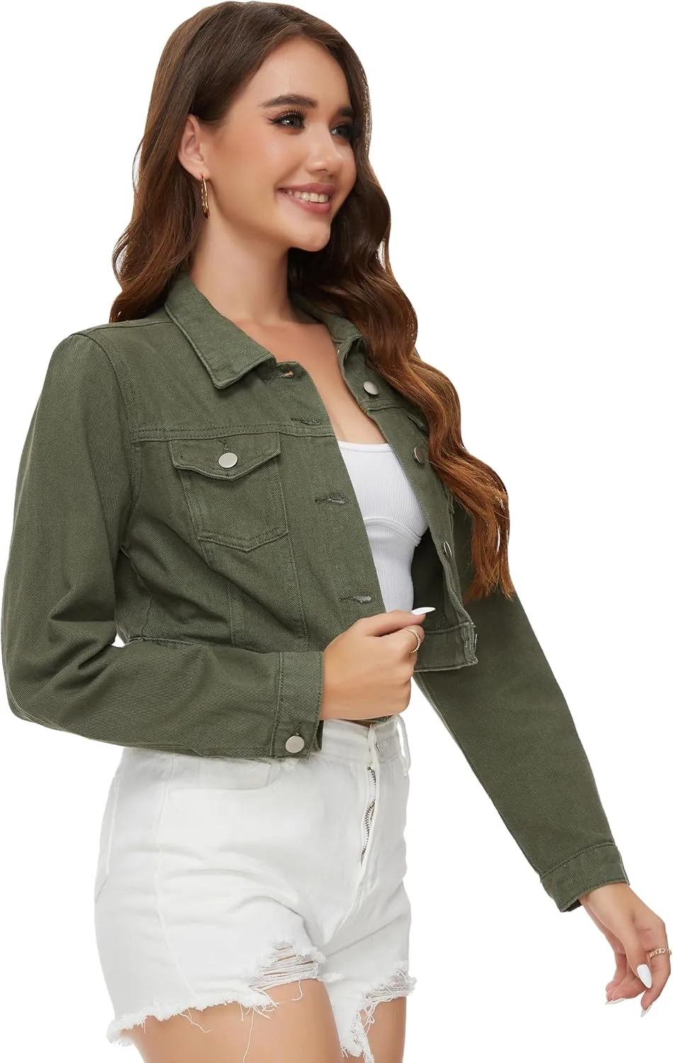 PEIQI Womens Cropped Jean Denim Jacket Button Down Long Sleeve with Pockets