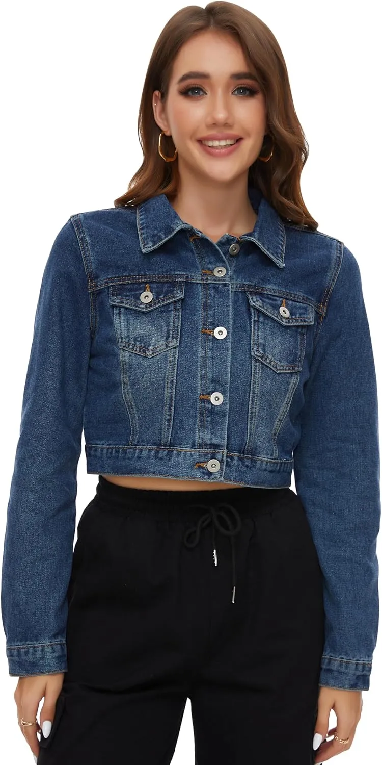 PEIQI Womens Cropped Jean Denim Jacket Button Down Long Sleeve with Pockets