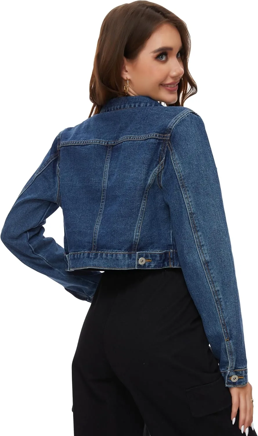 PEIQI Womens Cropped Jean Denim Jacket Button Down Long Sleeve with Pockets