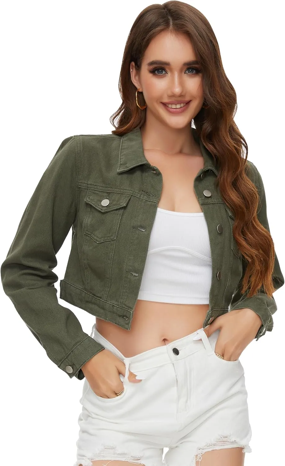PEIQI Womens Cropped Jean Denim Jacket Button Down Long Sleeve with Pockets