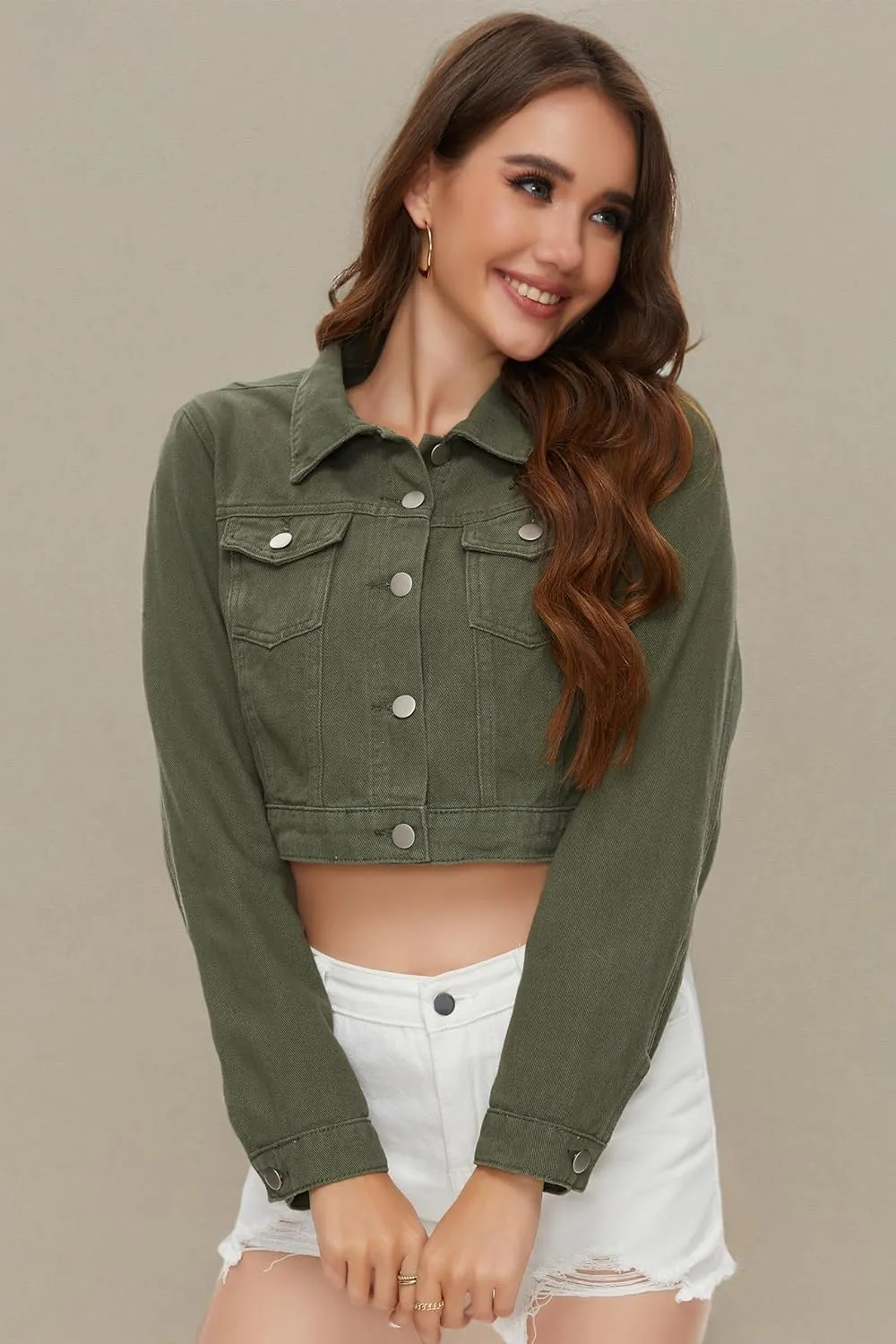 PEIQI Womens Cropped Jean Denim Jacket Button Down Long Sleeve with Pockets