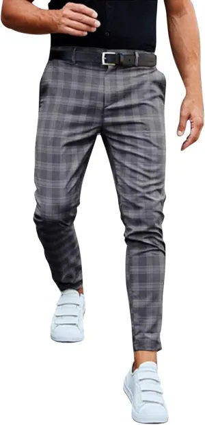 Plaid Pants for Men Slim Fit Fashion Skinny Stretch Dress Pants Casual Business Suit Pants Flat-Front Chinos Trousers Grey