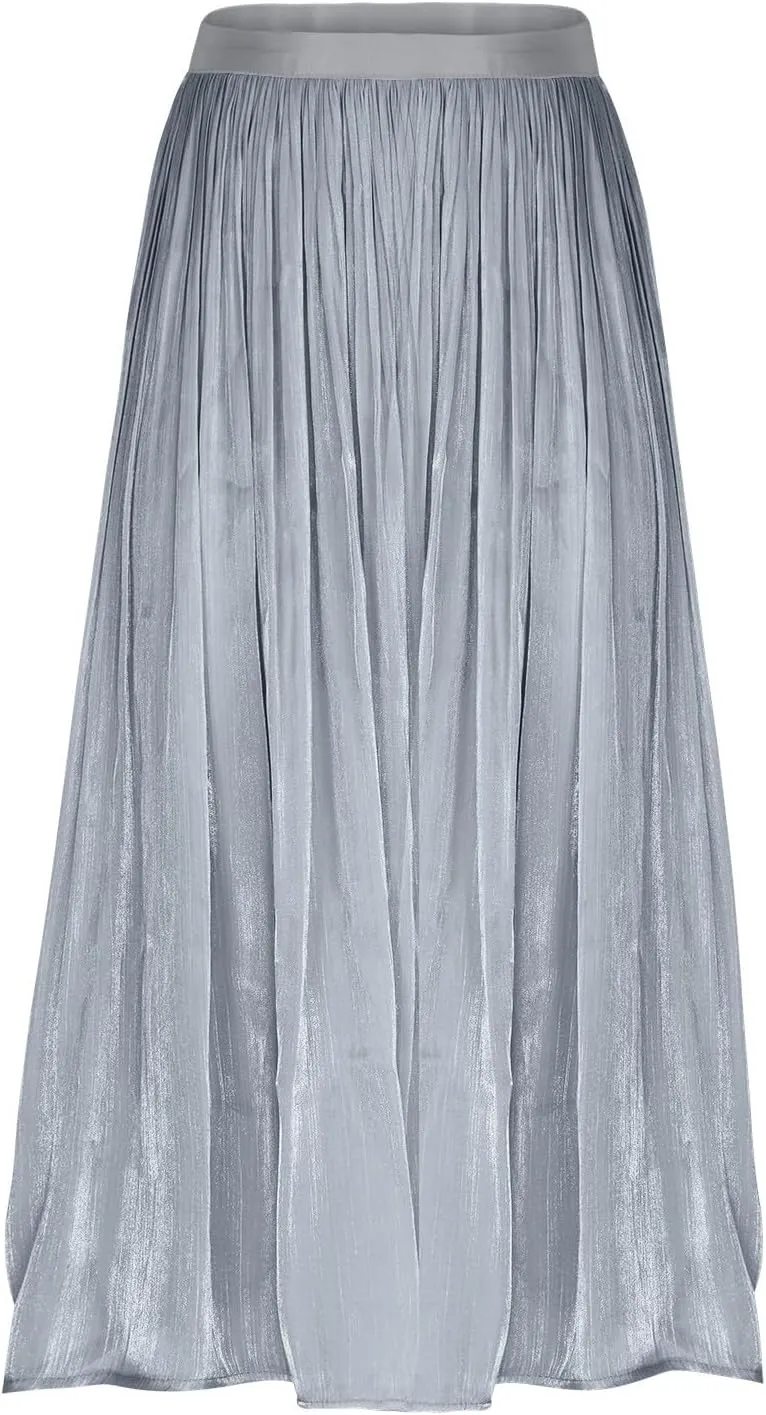 Pleated Midi Skirts for Women High Waisted Chiffon Flare Casual Skirt 2025 Trendy A-Line Mesh Layered Tulle Skirts