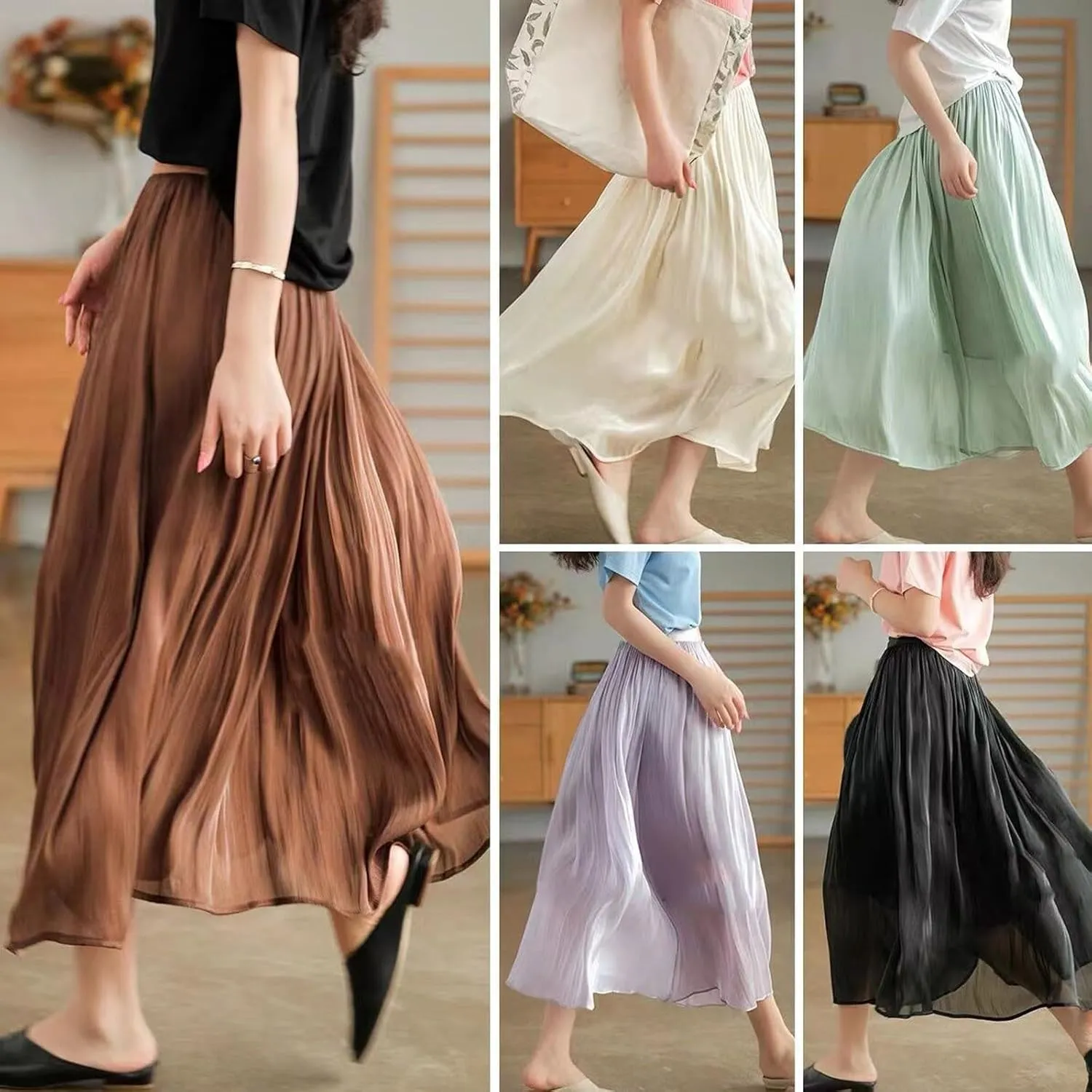 Pleated Midi Skirts for Women High Waisted Chiffon Flare Casual Skirt 2025 Trendy A-Line Mesh Layered Tulle Skirts