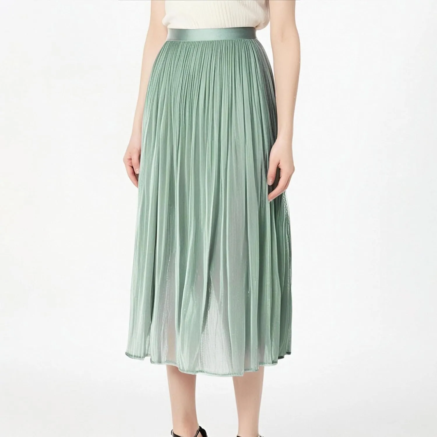Pleated Midi Skirts for Women High Waisted Chiffon Flare Casual Skirt 2025 Trendy A-Line Mesh Layered Tulle Skirts