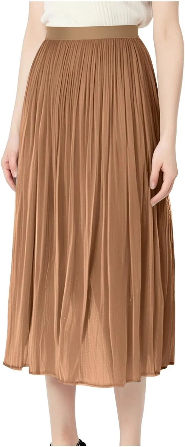 Pleated Midi Skirts for Women High Waisted Chiffon Flare Casual Skirt 2025 Trendy A-Line Mesh Layered Tulle Skirts