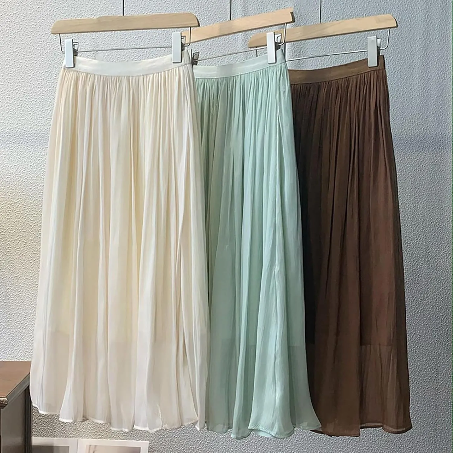 Pleated Midi Skirts for Women High Waisted Chiffon Flare Casual Skirt 2025 Trendy A-Line Mesh Layered Tulle Skirts