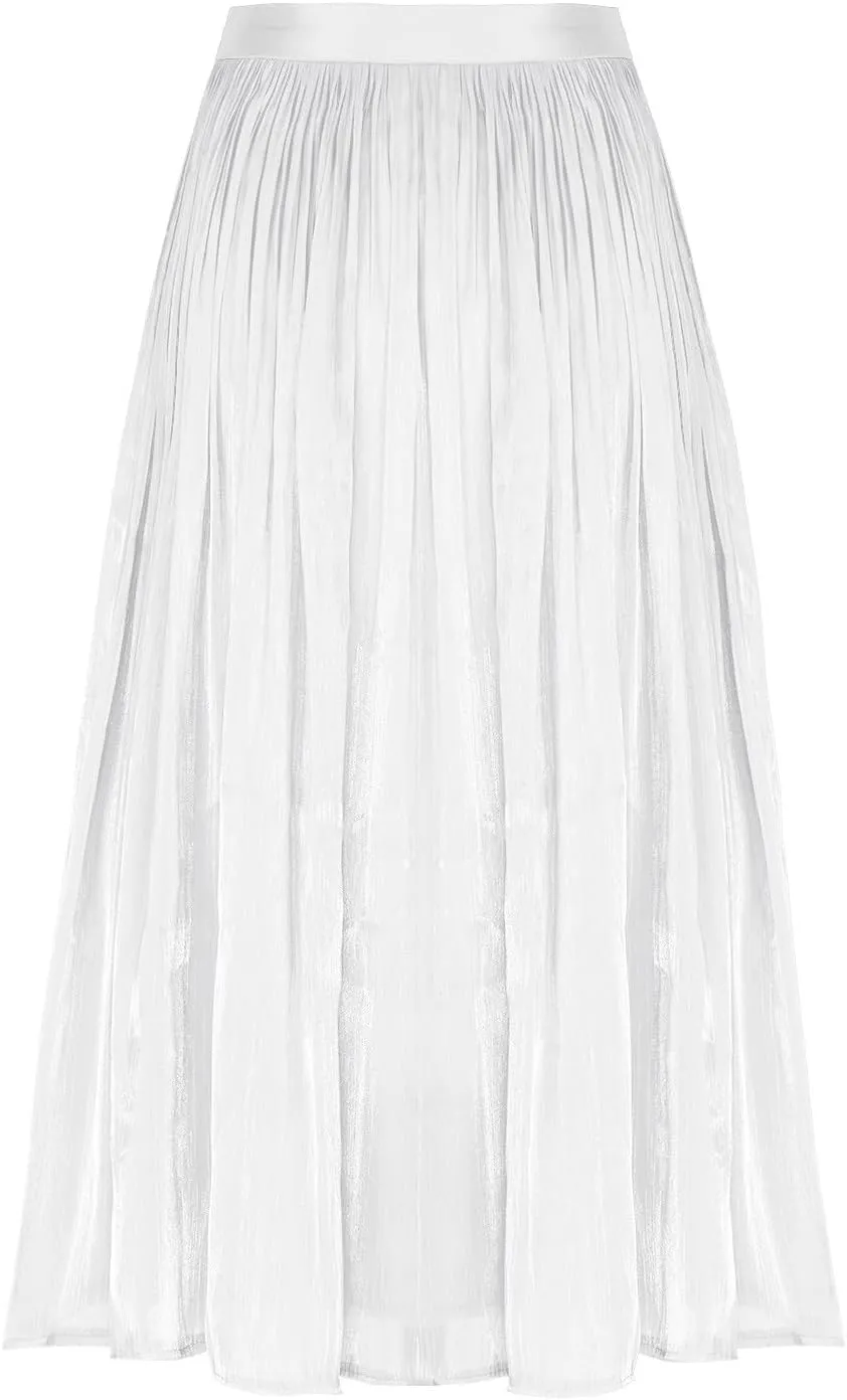 Pleated Midi Skirts for Women High Waisted Chiffon Flare Casual Skirt 2025 Trendy A-Line Mesh Layered Tulle Skirts