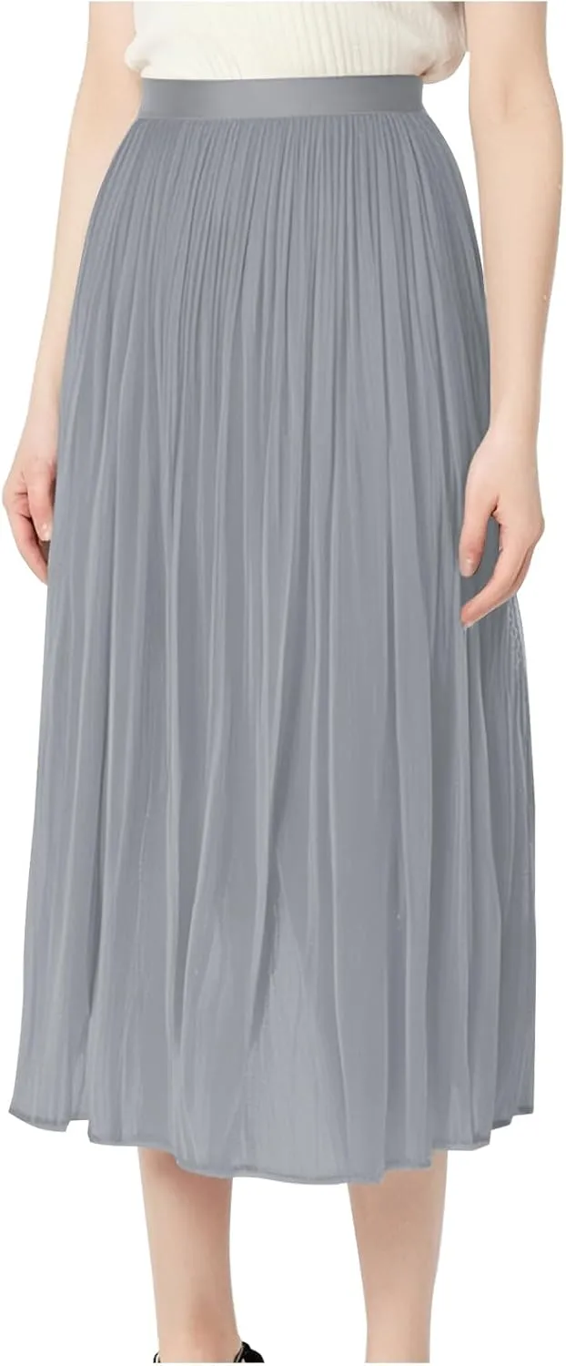 Pleated Midi Skirts for Women High Waisted Chiffon Flare Casual Skirt 2025 Trendy A-Line Mesh Layered Tulle Skirts