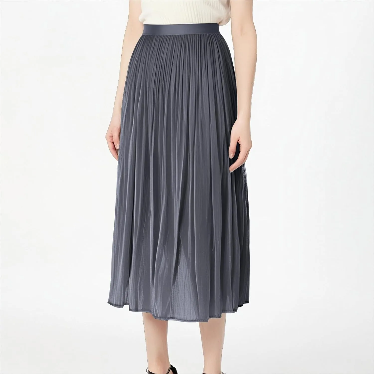 Pleated Midi Skirts for Women High Waisted Chiffon Flare Casual Skirt 2025 Trendy A-Line Mesh Layered Tulle Skirts