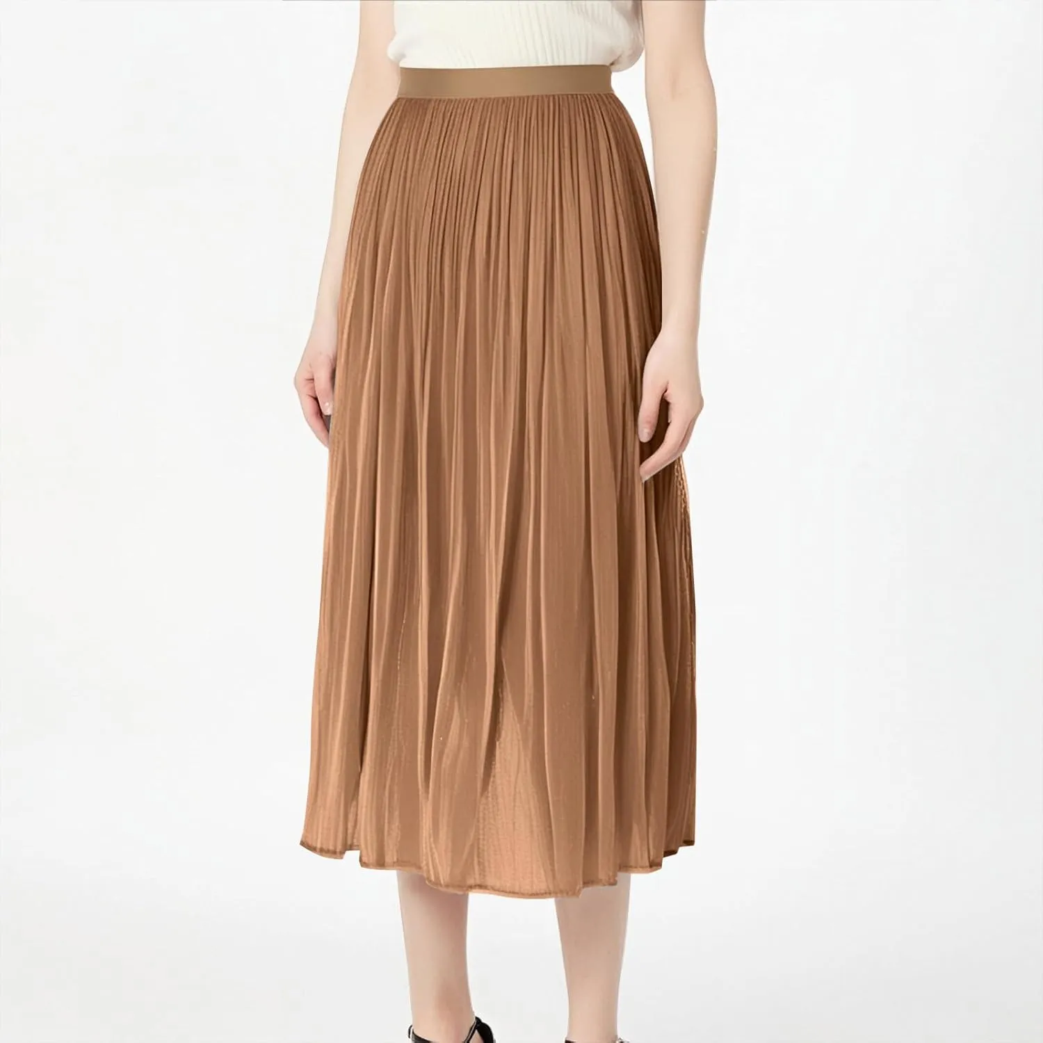 Pleated Midi Skirts for Women High Waisted Chiffon Flare Casual Skirt 2025 Trendy A-Line Mesh Layered Tulle Skirts