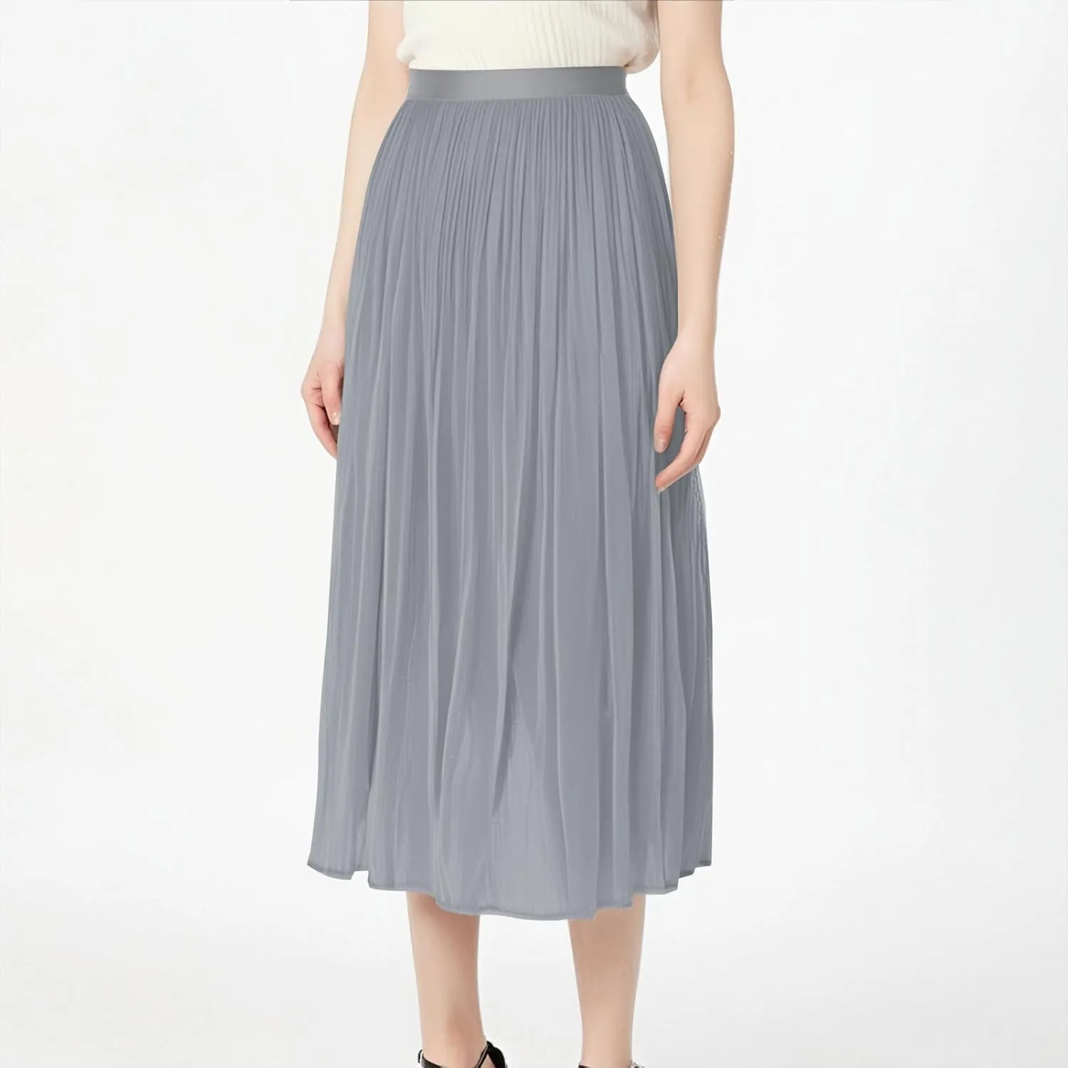 Pleated Midi Skirts for Women High Waisted Chiffon Flare Casual Skirt 2025 Trendy A-Line Mesh Layered Tulle Skirts