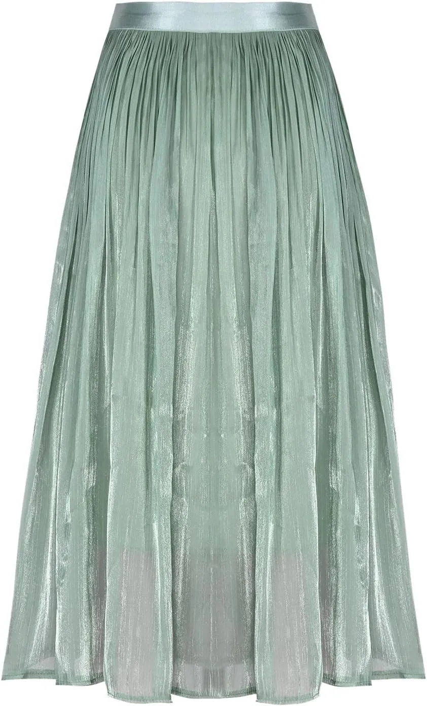 Pleated Midi Skirts for Women High Waisted Chiffon Flare Casual Skirt 2025 Trendy A-Line Mesh Layered Tulle Skirts