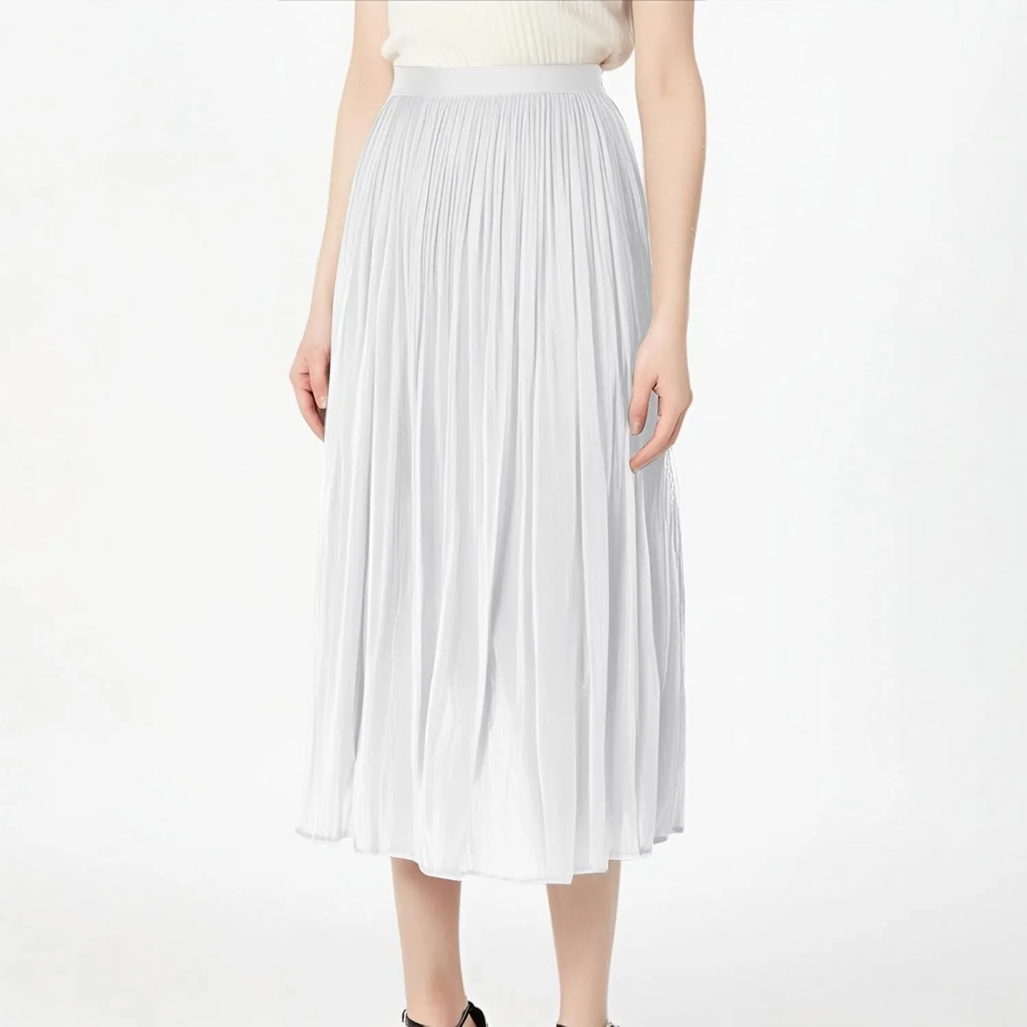 Pleated Midi Skirts for Women High Waisted Chiffon Flare Casual Skirt 2025 Trendy A-Line Mesh Layered Tulle Skirts