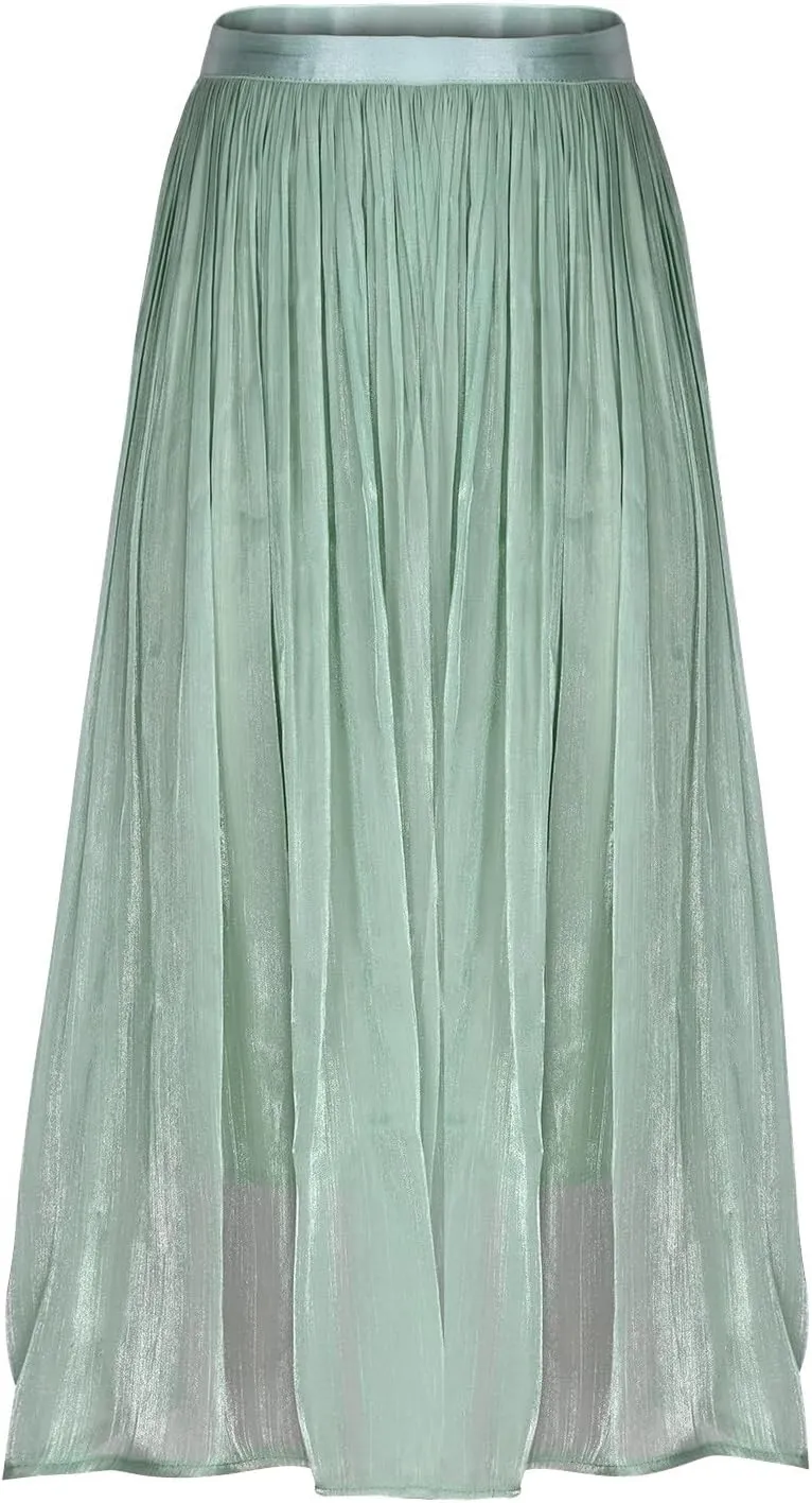 Pleated Midi Skirts for Women High Waisted Chiffon Flare Casual Skirt 2025 Trendy A-Line Mesh Layered Tulle Skirts