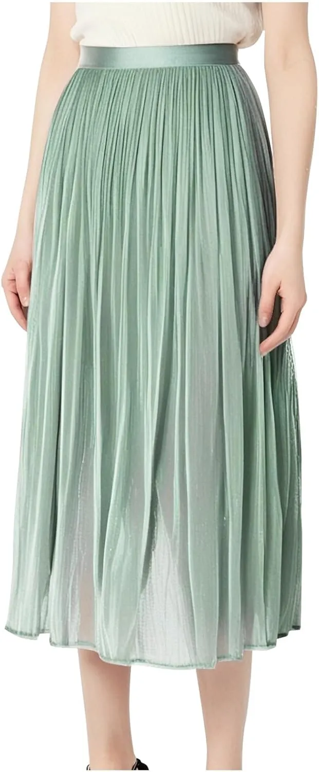 Pleated Midi Skirts for Women High Waisted Chiffon Flare Casual Skirt 2025 Trendy A-Line Mesh Layered Tulle Skirts