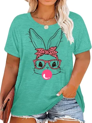 Plus Size Easter Shirts for Women Funny Bunny Rabbit Graphic T-Shirt Easter Holiday Short Sleeve Tee Tops