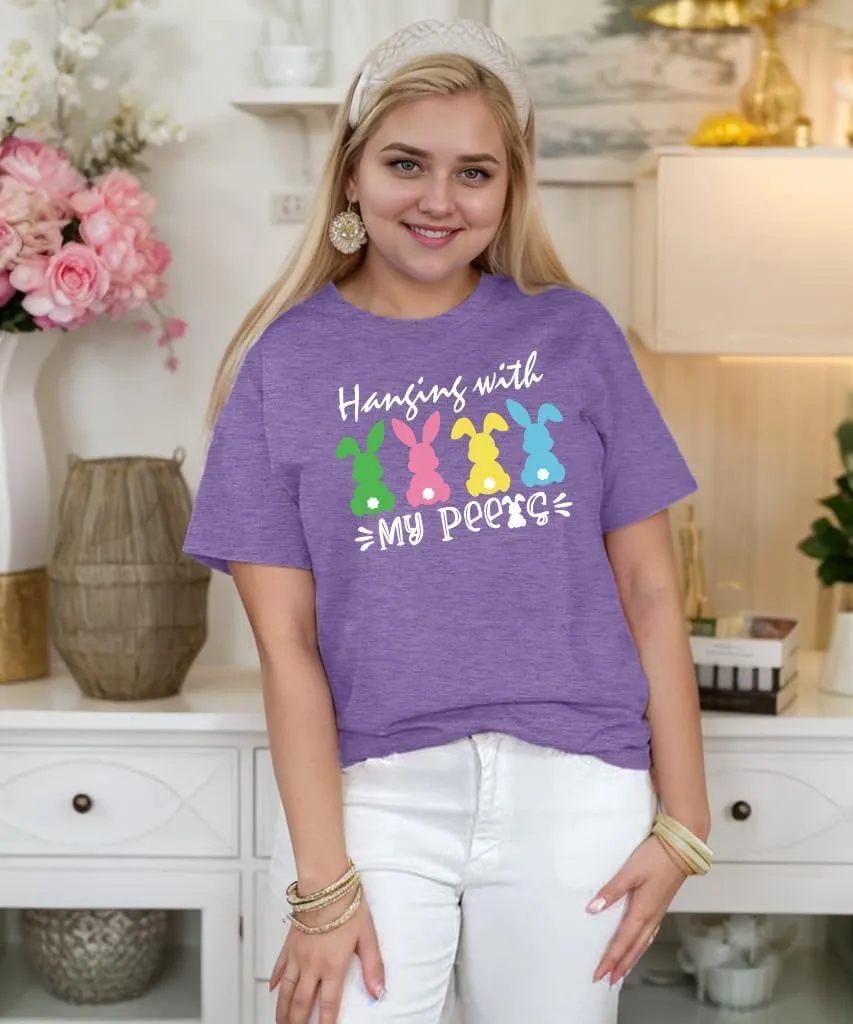 Plus Size Easter Shirts for Women Funny Bunny Rabbit Graphic T-Shirt Easter Holiday Short Sleeve Tee Tops