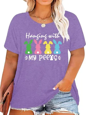 Plus Size Easter Shirts for Women Funny Bunny Rabbit Graphic T-Shirt Easter Holiday Short Sleeve Tee Tops