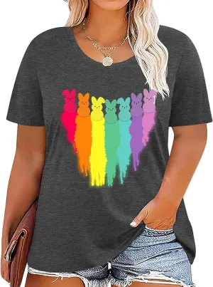 Plus Size Easter Shirts for Women Funny Bunny Rabbit Graphic T-Shirt Easter Holiday Short Sleeve Tee Tops