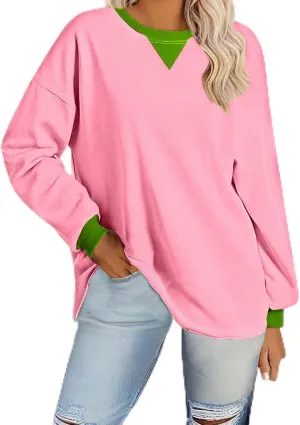 Plus Size Tops for Women Casual Long Sleeve Hoodie Round Neck Color Block Sweatshirts Daily Trendy Pullover Top
